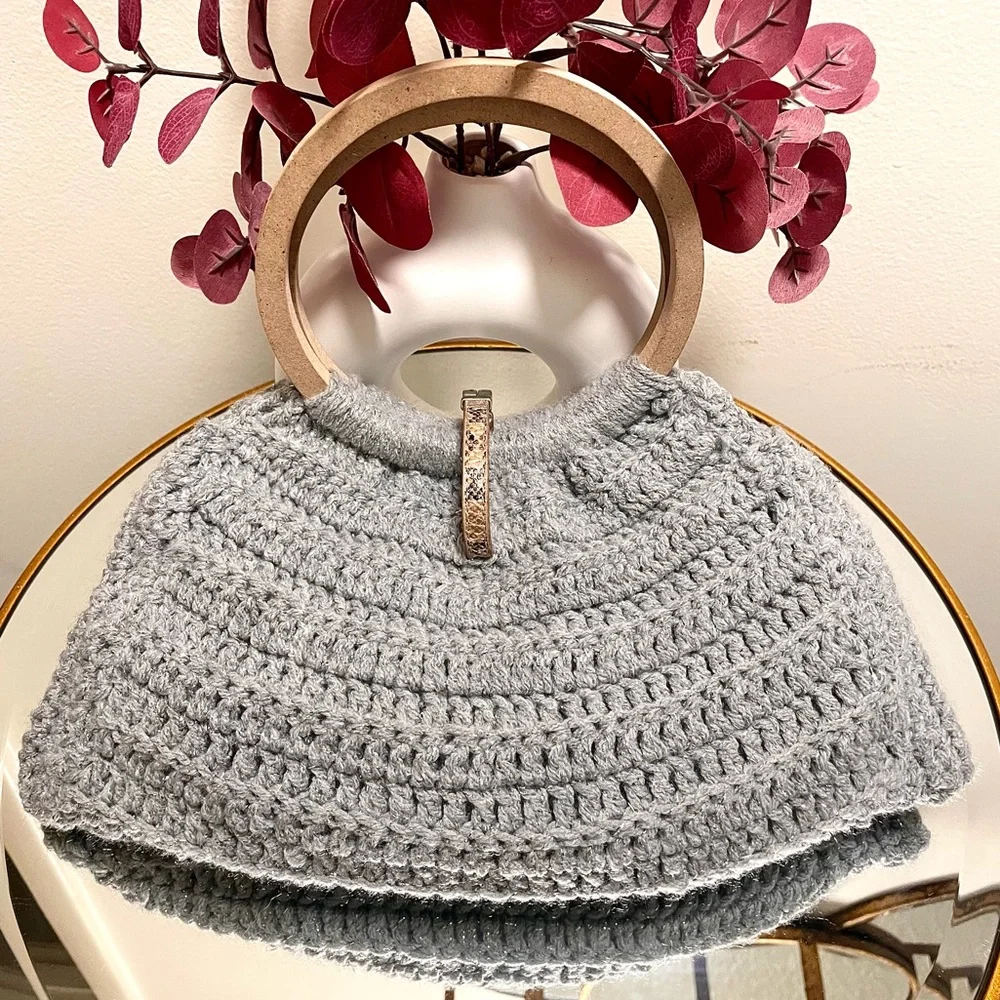 Handwoven Silver & Gray Knit Crochet satchel Bag Wooden Handles Lurex Shimmer